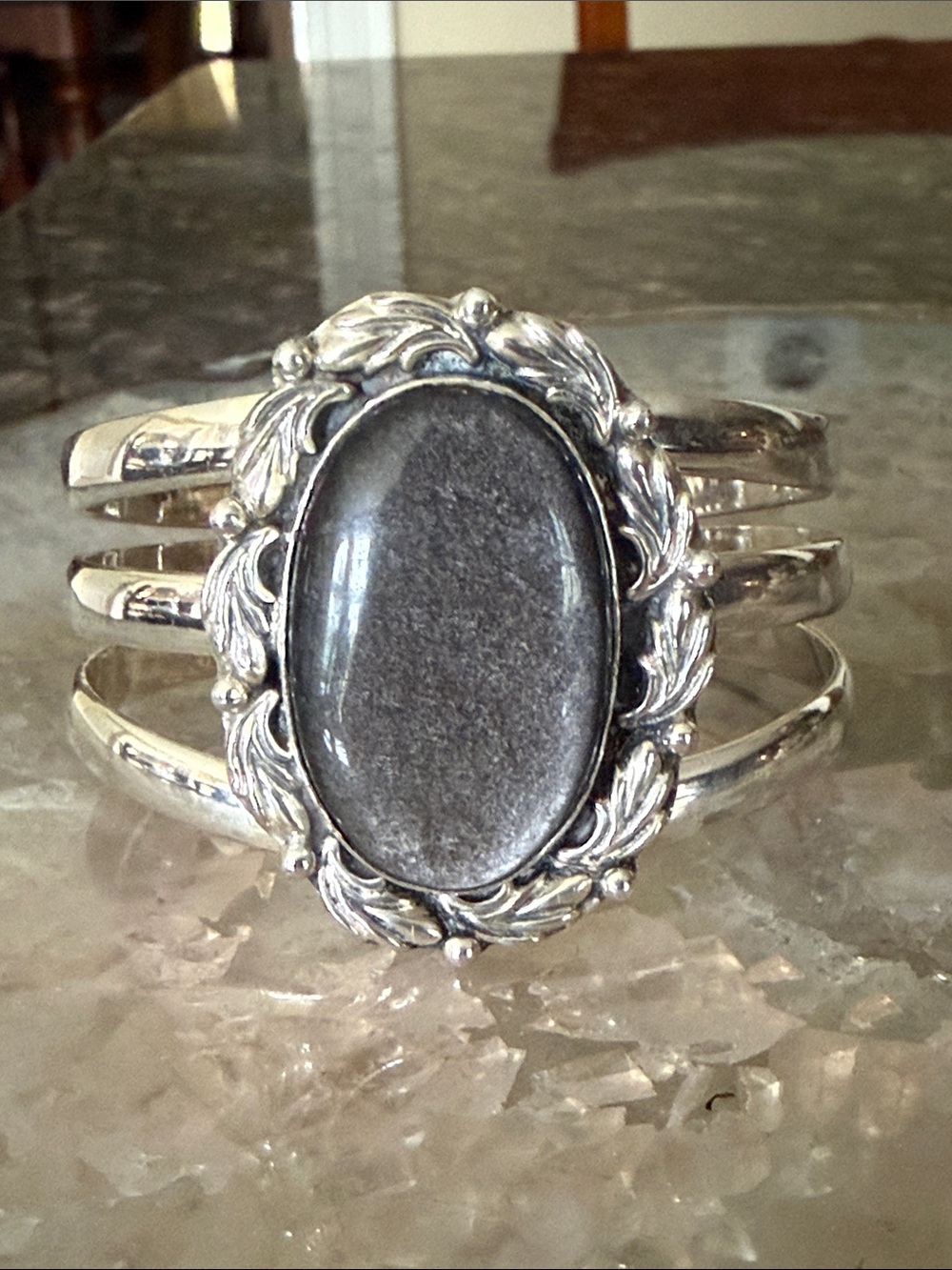 Silver Sheen Obsidian Stone Sterling Silver Cuff Bracelet